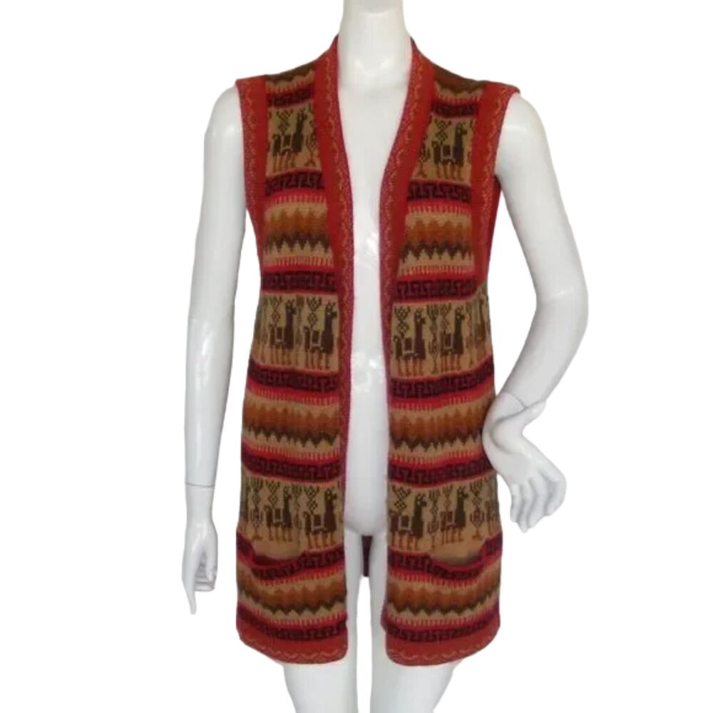 ALPACA Sweater Vest, M/L, Red, Animals, Knit, Pockets, Sleeveless